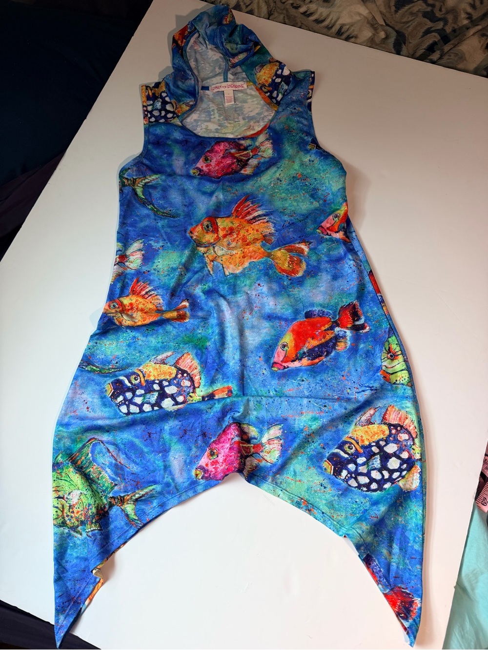 Vibrant Fish Print Hooded cover up- Blue with Multicolor Fish